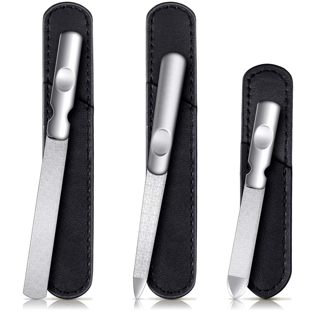 3 Pcs Stainless Steel Nail Files Kit with Leather Case, Double Sided Metal Nail Files with Anti-Slip Handle for Women and Men, Metal File Buffer Manicure Pedicure Tools for Fingernail Toenail(Black)