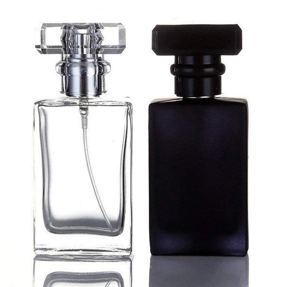 2 Pack - 30ML Flint Glass Refillable Perfume Bottle, Atomizer Empty Bottle with Spray Applicator For Travel (Transparent and Black)