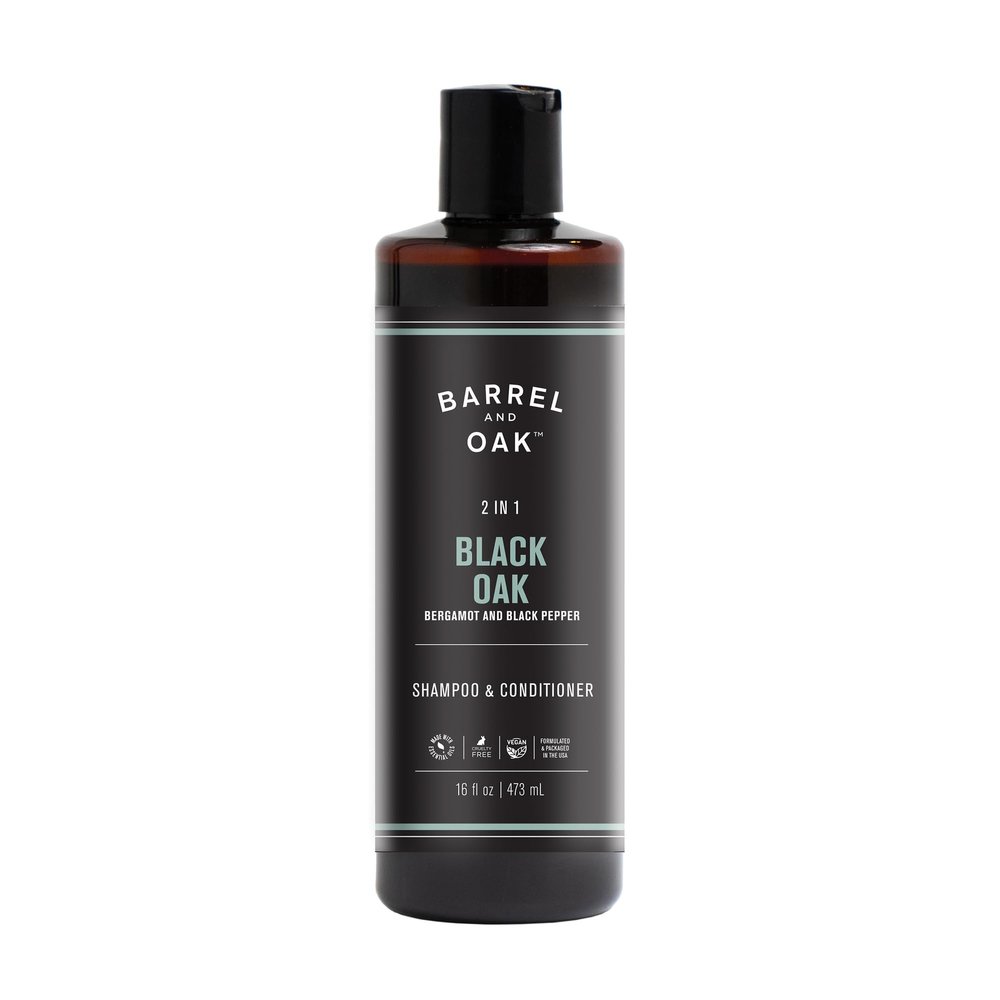 Barrel & Oak 2-in-1 Men's Shampoo and Conditioner, Cleanses Hair & Scalp, Multi-Use Hair Products for Men, Vegan Shampoo and Conditioner, Black Oak, 16 oz