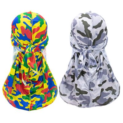 2 Pieces Camouflage Durag Caps, 360 Waves Soft Silky Head Scarf Extra Long Tail Wide Straps Camouflage Durag for Women and Men (4)