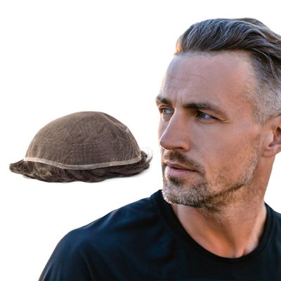 Superhairpieces Men's Hairpieces Toupee for Men 6" Soft Fine Indian Remy Hair 100% Front 90% Rest Density with All Swiss Lace (Brown Black + 40% Grey Synthetic Hair)
