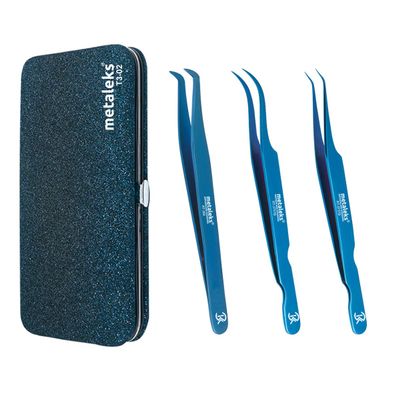 3PCS Eyelash Tweezers Set with Blue Tweezers & Glitter Blue Pouch