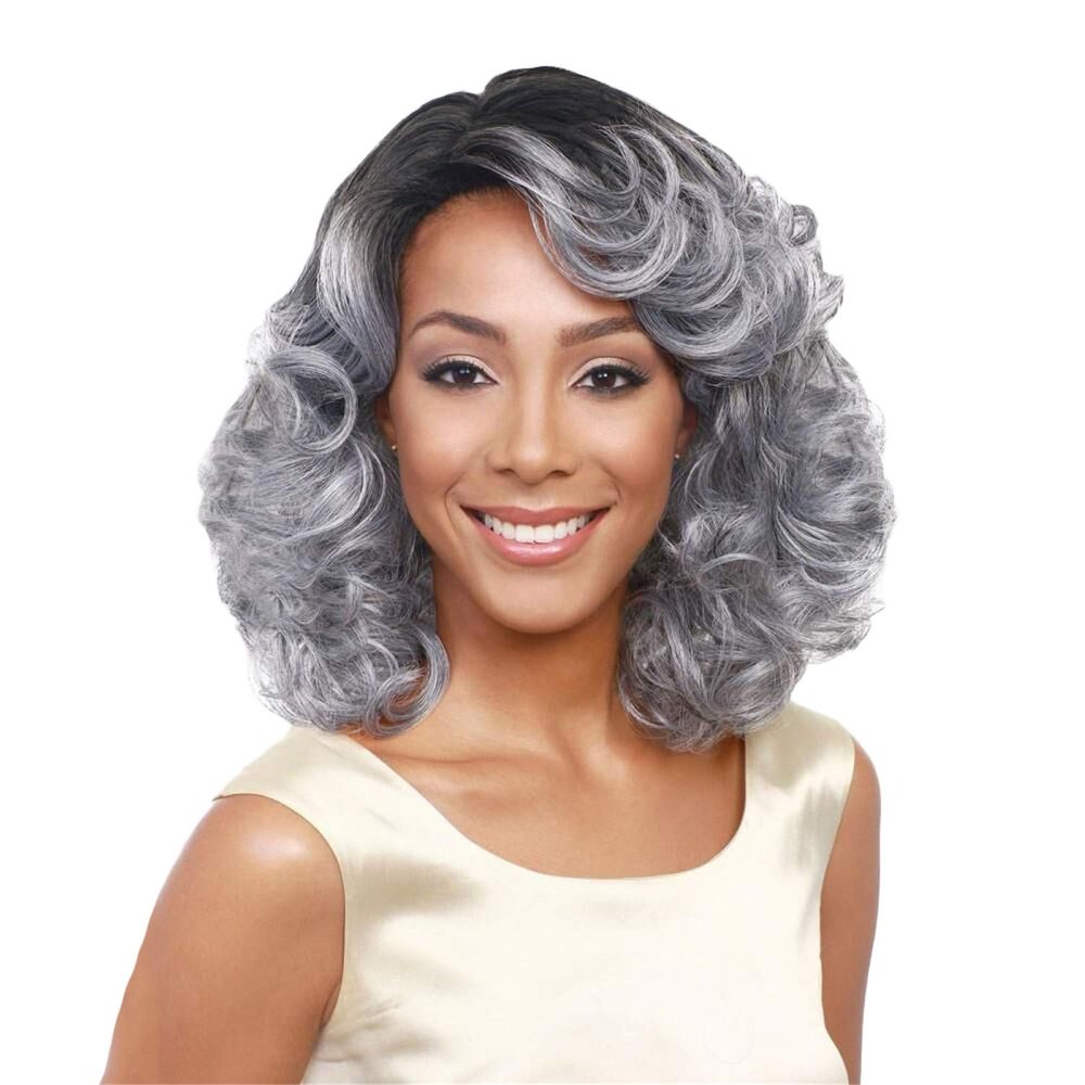 NinthAvenue Basics, Andongnywell Human Hair Wavy Wigs with Bangs Curly Wig for Black Women Density Natural Color Hairpiece Grey, One Size,