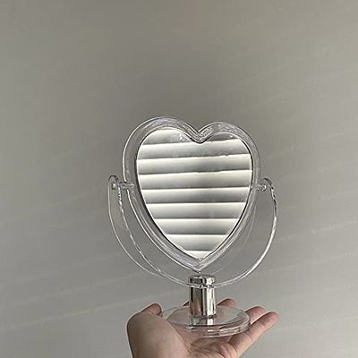 1Pc Acrylic Double Side Makeup Mirror Cute Heart Shaped Cosmetic Mirror, Transparent Base Home Bedroom Desktop Make Up Mirror (White)