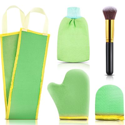 Boao 5 Pieces Self Tanning Mitt Applicator Kit, Includes Tanning Mitt, Exfoliating Glove, Mini Face Glove, Back Lotion Applicator, and Large Brush Makeup(Green)