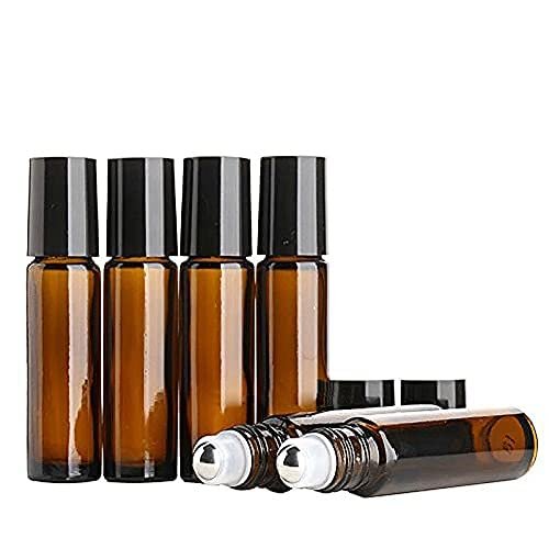 10 ml 6 Pack Amber Glass Roller Bottles Empty Refillable Essential Oil Glass Roller Bottle with Stainless Steel Roller Balls including 1 bottle opener and 1 dropper