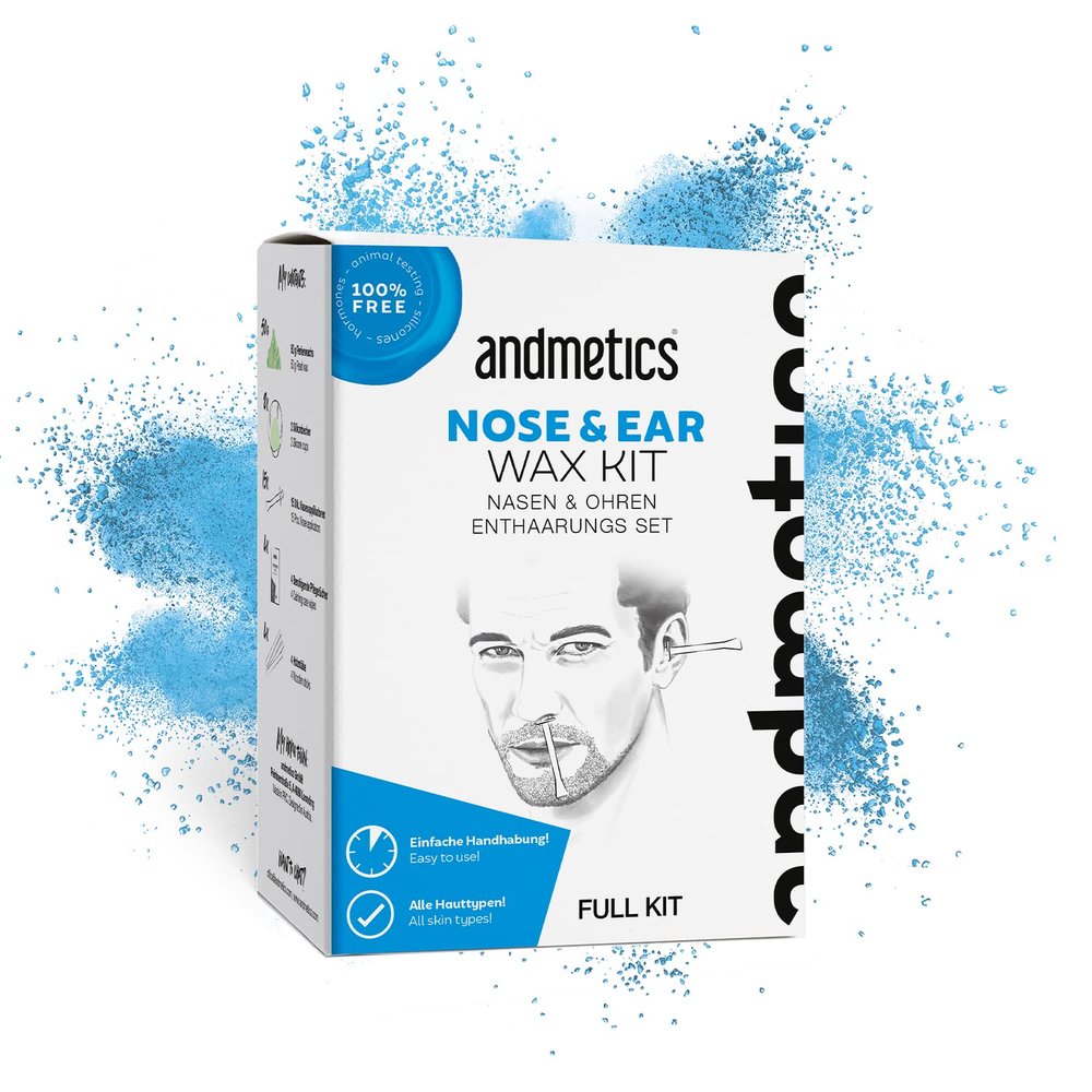 andmetics - NOSE & EAR wax kit - 50g wax, 15 applicators - nose wax & ear set, 4 wooden sticks, 4 oil towels.