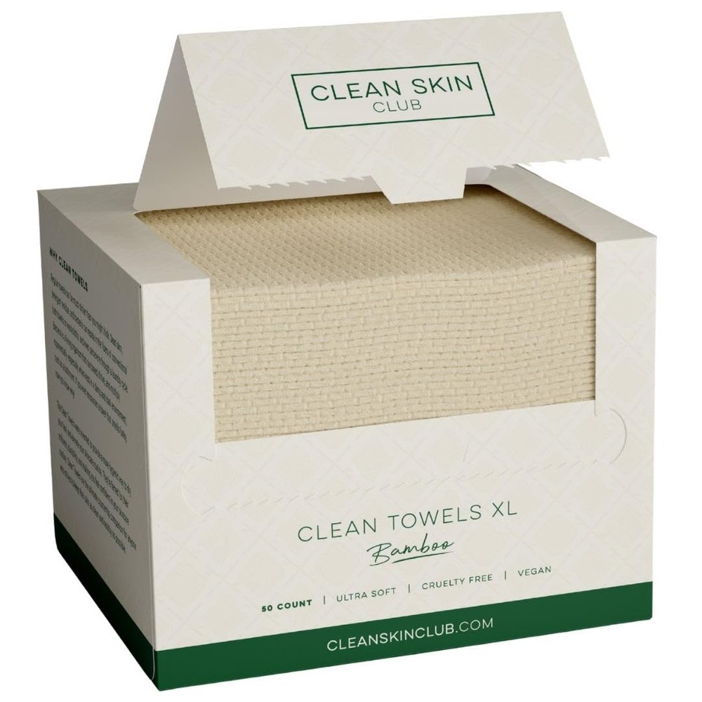 Clean Skin Club Bamboo Viscose Clean Towels XL 100% USDA Biobased Face Towel, Disposable Face Towelette, Makeup Remover Dry Wipes, Ultra Soft, 50 Ct, 1 Pack