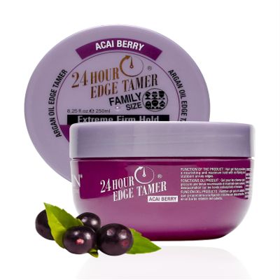 24 Hour Argan Oil Edge Tamer Refresh (8.25oz/ 250ml, Acai Berry) | Extreme Firm Hold, Smooths & Tames Frizz | No Flaking or Drying | High Shine, Long Lasting, All Hair Types, Styling Gel.