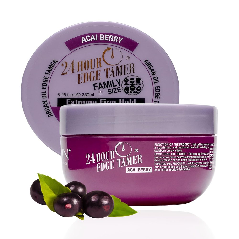24 Hour Argan Oil Edge Tamer Refresh (8.25oz/ 250ml, Acai Berry) | Extreme Firm Hold, Smooths & Tames Frizz | No Flaking or Drying | High Shine, Long Lasting, All Hair Types, Styling Gel.