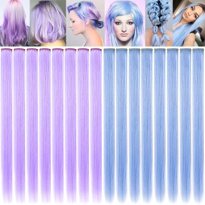 Rhyme Multi-colored Hair Extensions for Kids 21" Colored Clip in Hair Extensions Girls Hair Clips Party Highlights Hair Accessories 12 PCS (Light blue,Light purple)