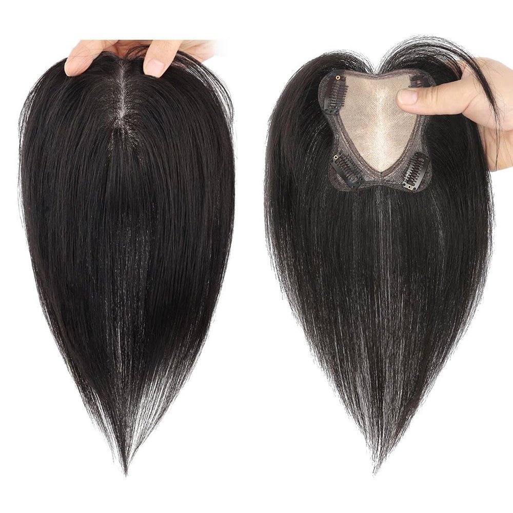 LesafeV 13x13cm Large Base Middle Part Hair Topper Clip in Human Hair Forehead Piece for Women Cover Thin Hair 7x10cm,30cm,Black