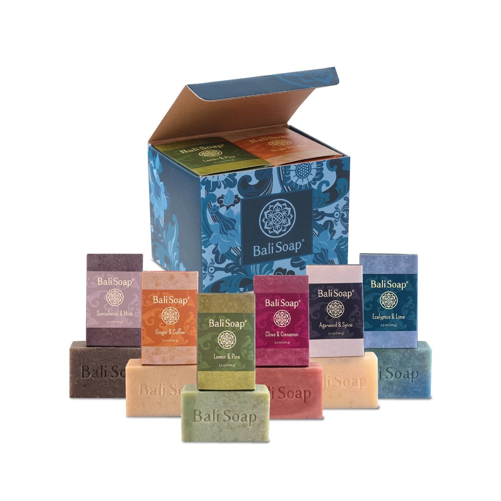 Bali Soap Masculine Collection Handmade in Bali Cold Process Bar Soap, Mens Soap Gift Set Body Wash with Wood, Spice Scents, Natural Oils, Vegan 6-Pack