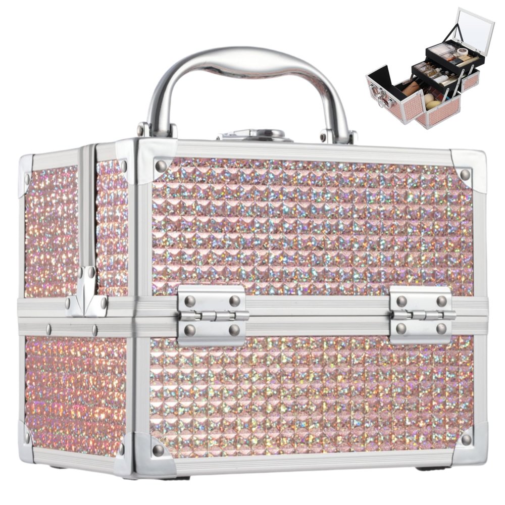 Costravio Makeup Box with Mirror, Makeup Organizer Case Train Case for Girls Women Kids Make up Box Makeup Case Organizer with Lock and Key Storage Vanity for Polishes Cosmetic Jewelry, Shiny Pink