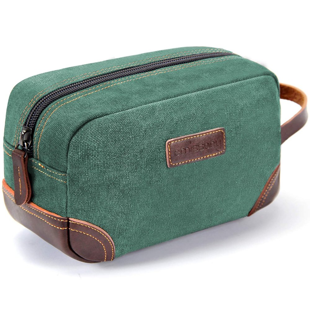 emissary Men's Toiletry Bag, Leather and Canvas Travel Toiletry Bag, Dopp Kit for Men, Travel Bathroom Bag Men's Shaving Kit, Travel Kit Small Bags for Men, Shaving Bag for Travel Accessories (Green)