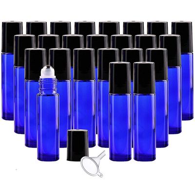 25 Pack 10ml Cobalt Blue Glass Roller Bottles Empty Refillable Essential Oil Glass Roller Bottle with Stainless Steel Roller Balls (1 Opener, 1 Dropper, Included)