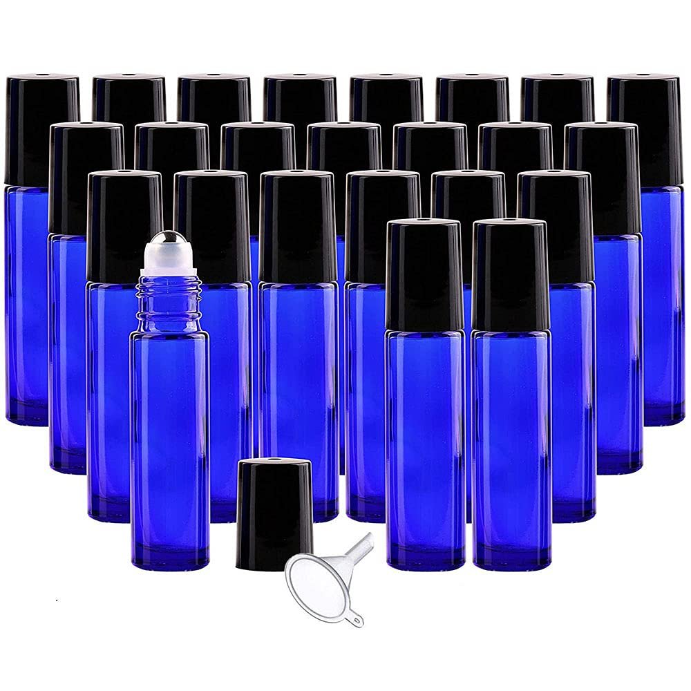 25 Pack 10ml Cobalt Blue Glass Roller Bottles Empty Refillable Essential Oil Glass Roller Bottle with Stainless Steel Roller Balls (1 Opener, 1 Dropper, Included)