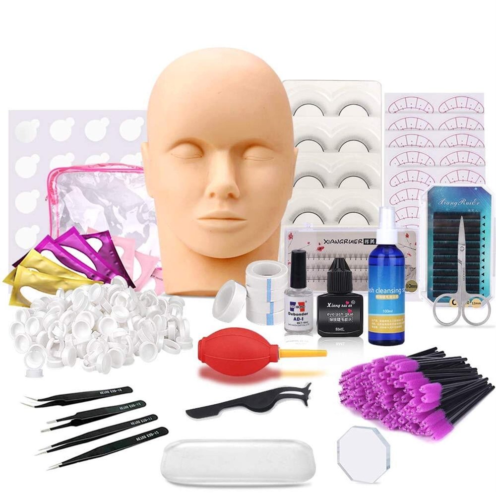 YUNSI Grafting False Eyelashes 20PCS False Eyelash Extension Training Kit Grafting Exercise Model Head Tweezer Tool 20 in1 Massage Makeup Beginner Practice Kit for Women (Color : Set 3)