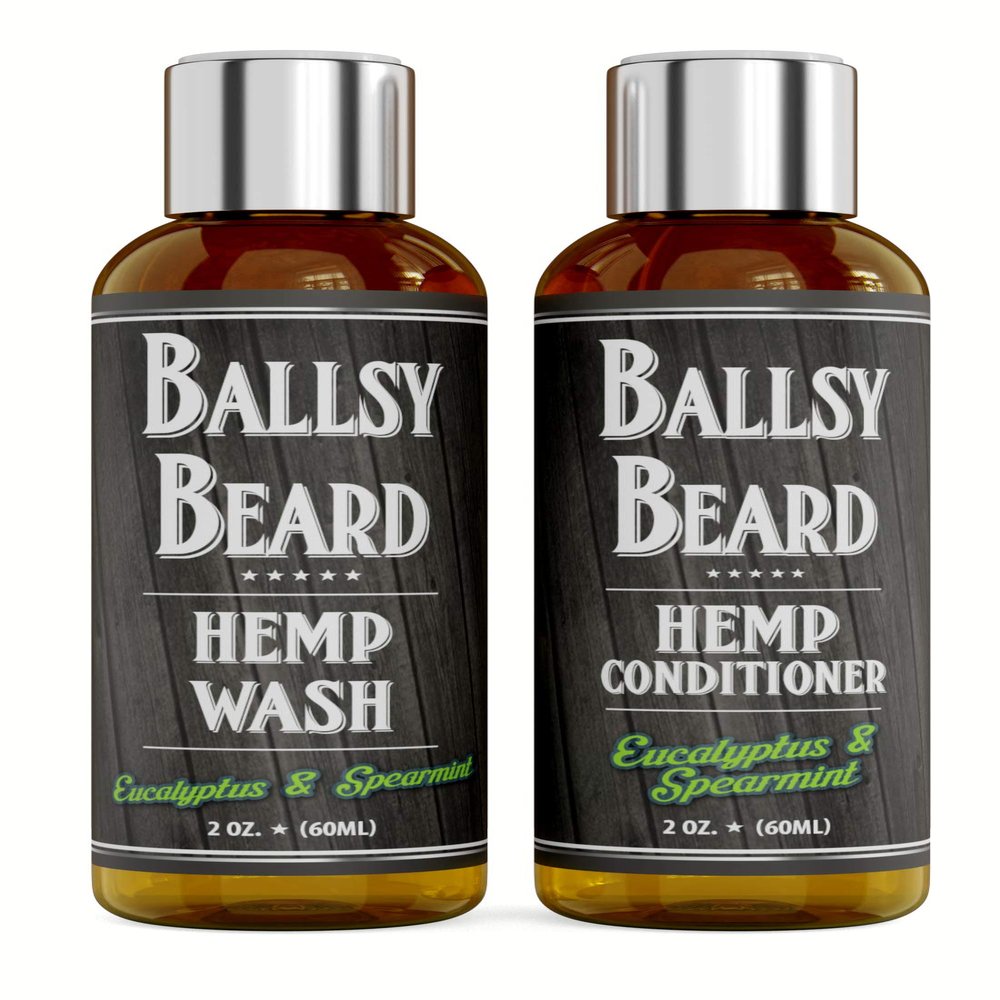 Ballsy Beard Wash Shampoo & Conditioner Set for Men 2 Piece Travel Size Hair Shampoo (Eucalyptus Spearmint, 2 oz)