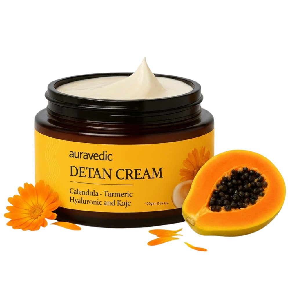 Auravedic De Tan Face Cream | Helps Reduce Tanning & Sun Damage | Enriched with Turmeric, Papaya & Calendula | Lightweight Daily Moisturizer for All Skin Types | 3.53 Oz (100g)