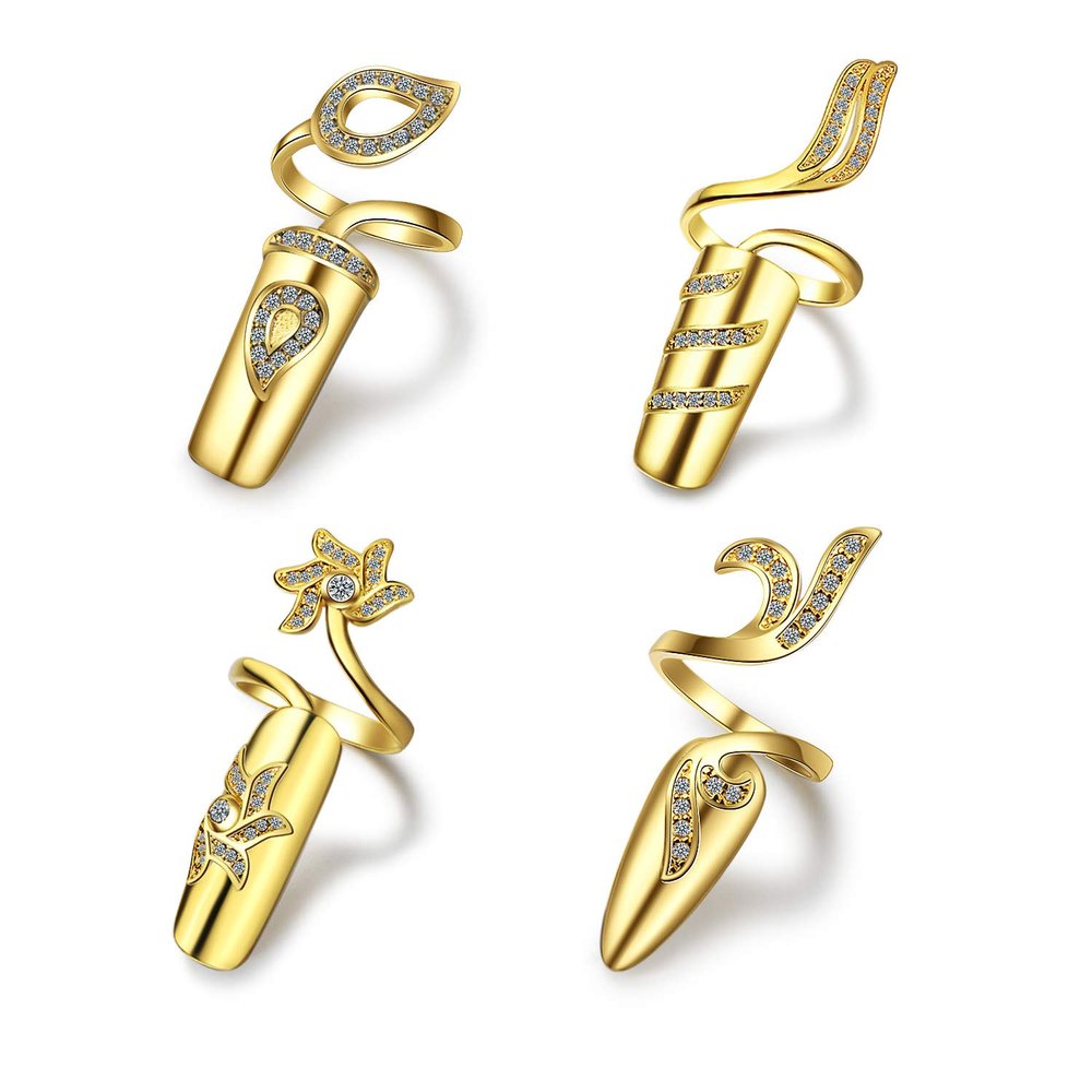 Caiyao 4Pcs Inlay Cystal Decoration Finger Nail Ring Knuckle Finger Armour Rhinestone Cover Tip Nail Cap Loop Ring for Women Adjustable Opening Art Charm Protect Fingernail Accessories-B Gold