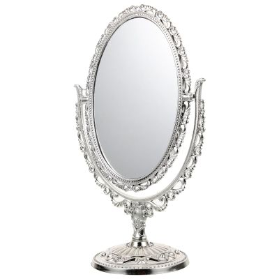 BESPORTBLE Silver Metal Tabletop Antique Makeup Mirror with Stand Vintage Swivel Double Sided Cosmetic Mirror with Frame Oval Dressing Mirror for Bathroom Bedroom