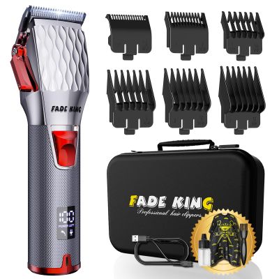 FADEKING Professional Hair Clippers for Men - Cordless Hair Clippers, LCD Display Barber Clippers for Hair Cutting & Mens Grooming with Travel Case(Silver+red)
