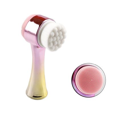 MIPPER Double Sided Silicone & Fiber Facial Cleansing Brush ABS Plating Handle Manual Deep Cleaning Face Washing Brush (pink gradient golden)