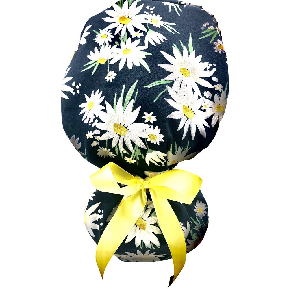 Ponytail Scrub Cap, white daisies on black, ideal for long hair or ponytail. Select your satin ribbon tie backs from 4 color options!