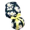 Ponytail Scrub Cap, white daisies on black, ideal for long hair or ponytail. Select your satin ribbon tie backs from 4 color options! view 2