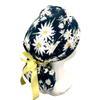 Ponytail Scrub Cap, white daisies on black, ideal for long hair or ponytail. Select your satin ribbon tie backs from 4 color options! view 3
