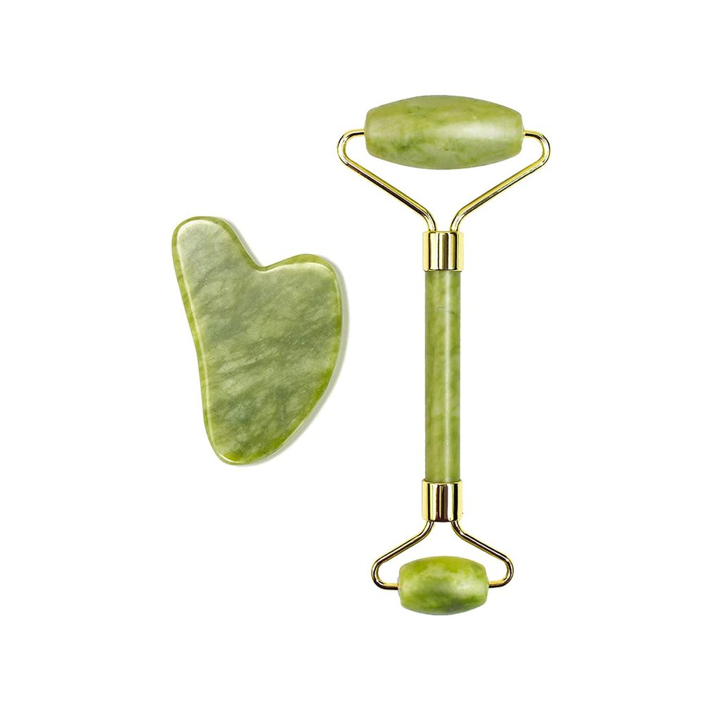 Xinsier Gua Sha Facial Tools with Jade Roller Gua Sha Board Natural Quartz Massage Stone Set Acupressure Scraper Therapy for Face, Body, Muscle Relaxing and Relieve Fine Lines and Wrinkles Green