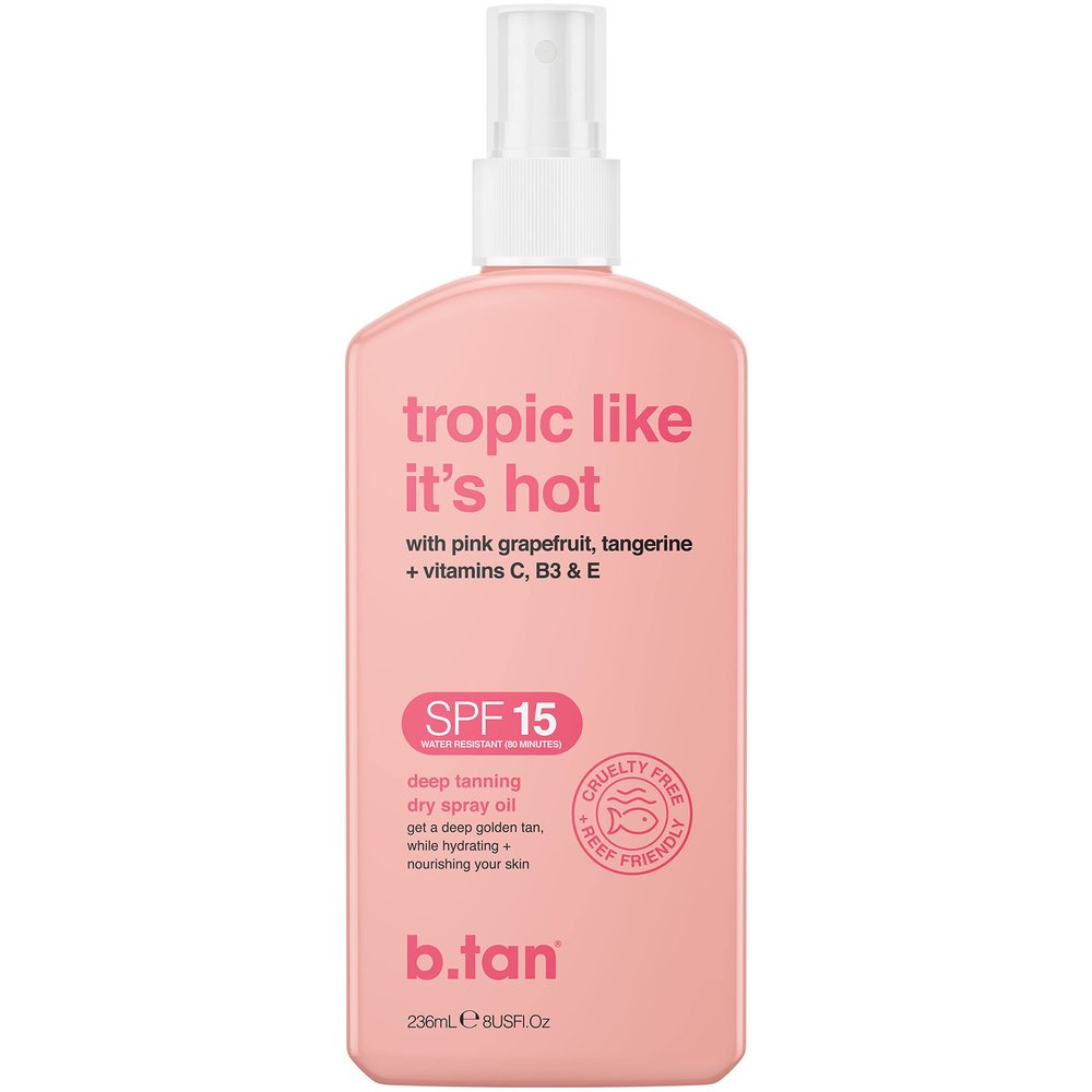 b.tan SPF 15 Deep Tanning Oil Dry Spray | Tropic Like It's Hot - Best, Best Outdoor Bronzing Mist, Moisturizing Grapefruit, Tangerine, Vitamins C, B3, & A, Austrailian Brand, 8 Fl Oz