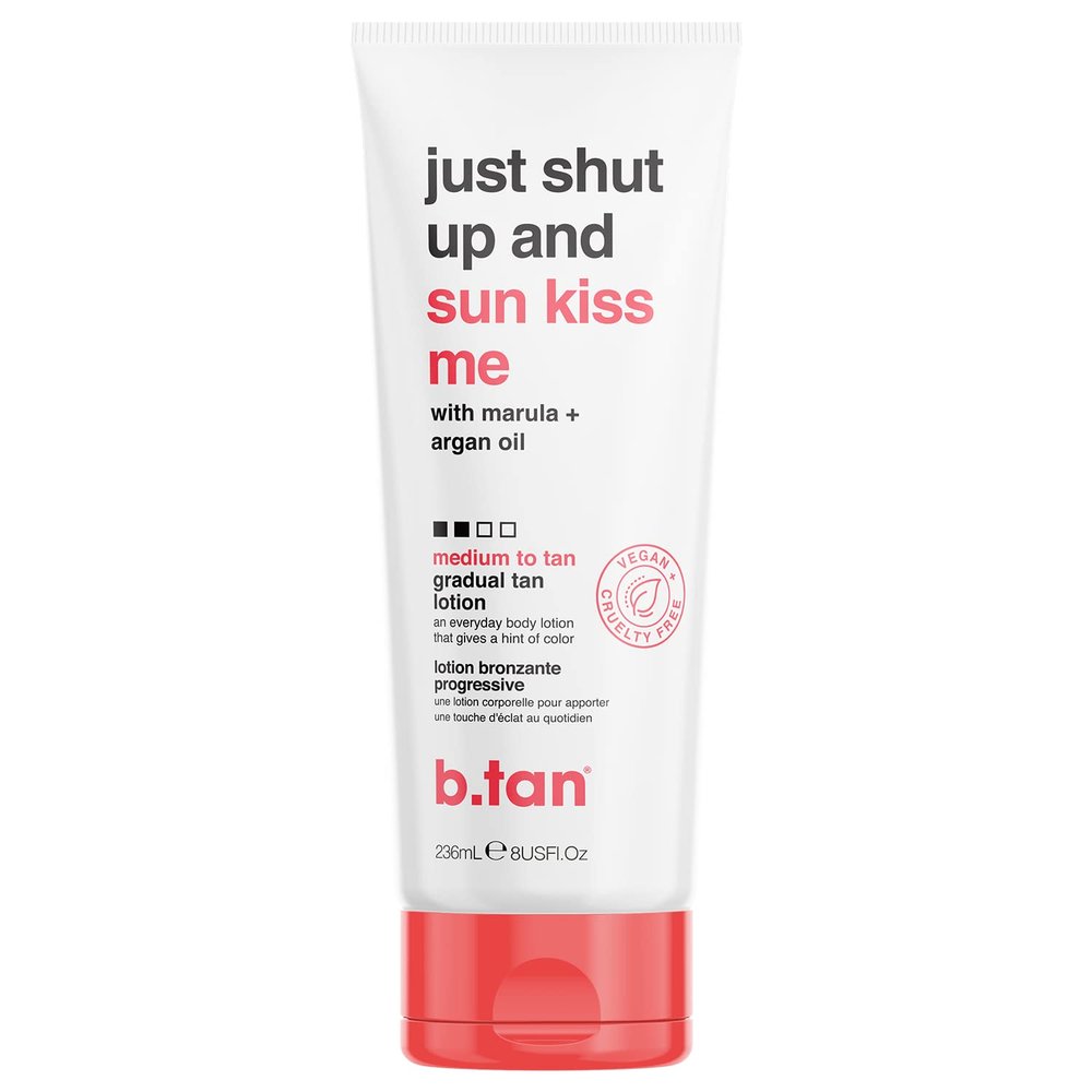 b.tan Medium Gradual Self Tanning Lotion | Just Shut Up and Sun Kiss Me Everyday Glow Lotion - Develop a Bronzed Glow, Infused With Marula + Argan Oil, Vegan, Cruelty & Paraben Free, 236ml
