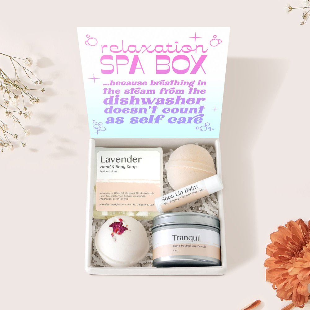 Dear Ava Spa Gifts for Women - Organic Self Care luxury Anti Stress Relaxing Bath and Body Kit Set Basket Box for Her with Heartfelt Card - Gift for Relaxation