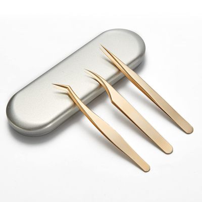 Eyelash Extension Tweezers, 3-Pack,Professional Stainless Steel Tweezers for Volume Lashes, Straight and Curved Tips for 3D-6D,Golden