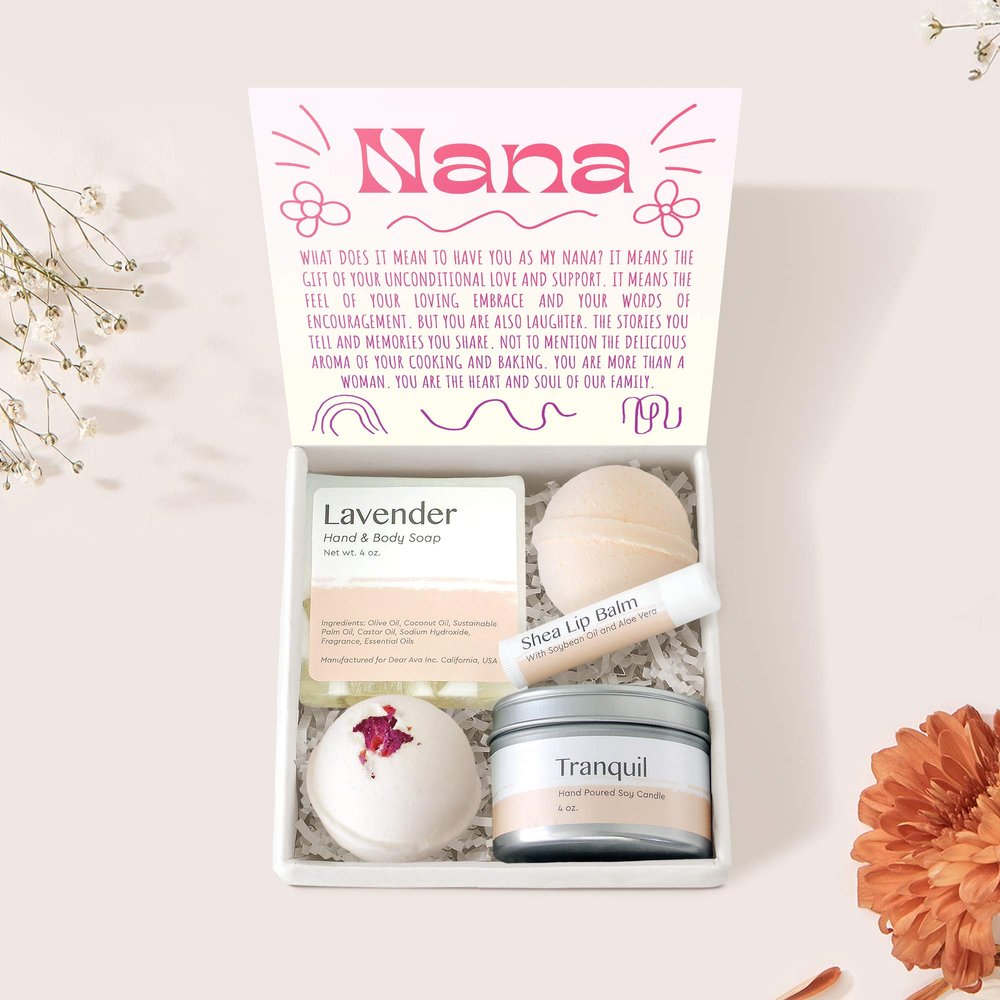 Dear Ava Spa Gifts for Women - Organic Self Care luxury Anti Stress Relaxing Bath and Body Kit Set Basket Box for Her with Heartfelt Card - Memorial Gift for Nana