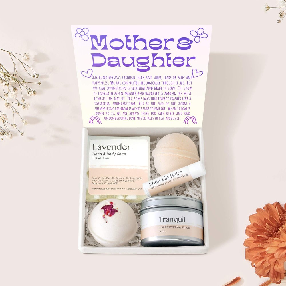 Dear Ava Spa Gifts for Women - Organic Self Care luxury Anti Stress Relaxing Bath and Body Kit Set Basket Box for Her with Heartfelt Card - Birthday Holiday Gift for Mother and Daughter
