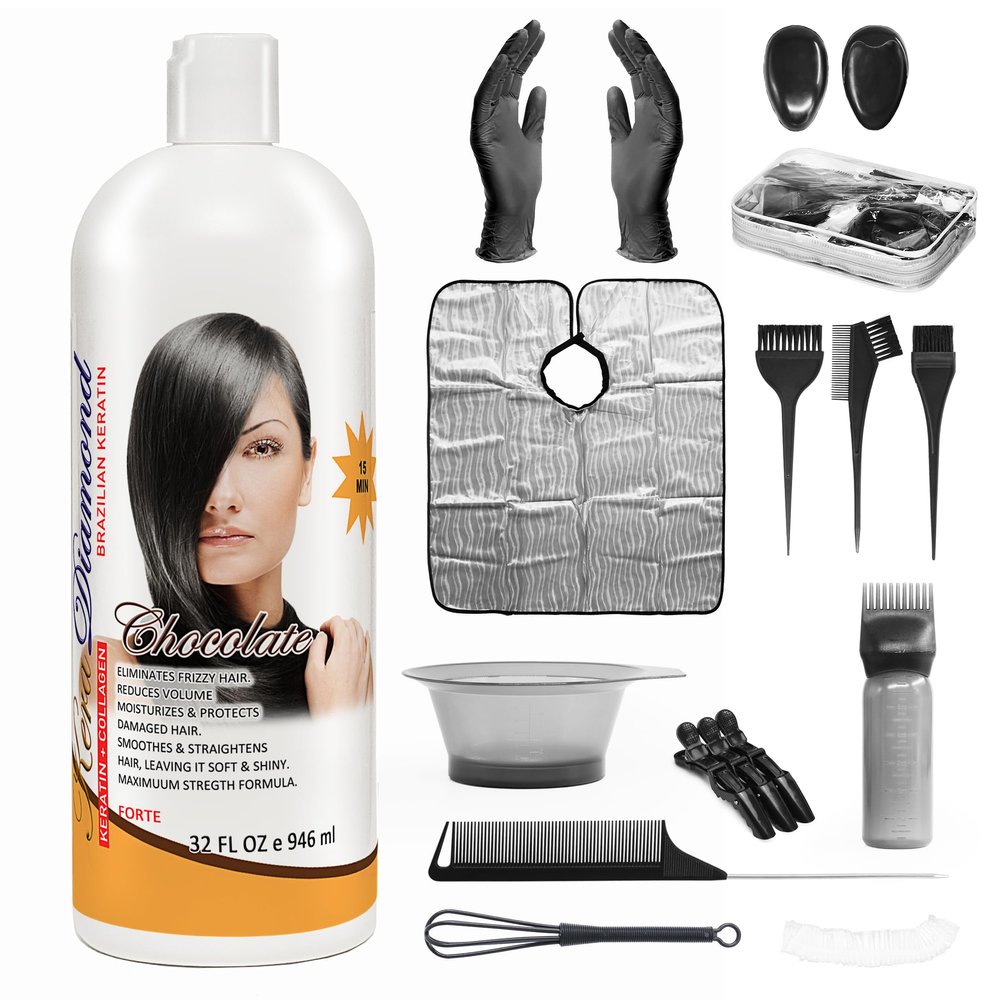 KeraDiamond VALUE PACK Brazilian Keratin Hair Smoothing Treatment Blowout Straightening System Strong 32 fl oz + Aplication Kit