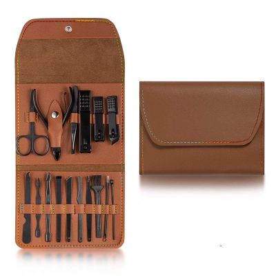 4-23 pieces of nail clippers, pedicure scissors set, stainless steel hook, portable manicure nail clippers tool set, 16 pieces of dark brown