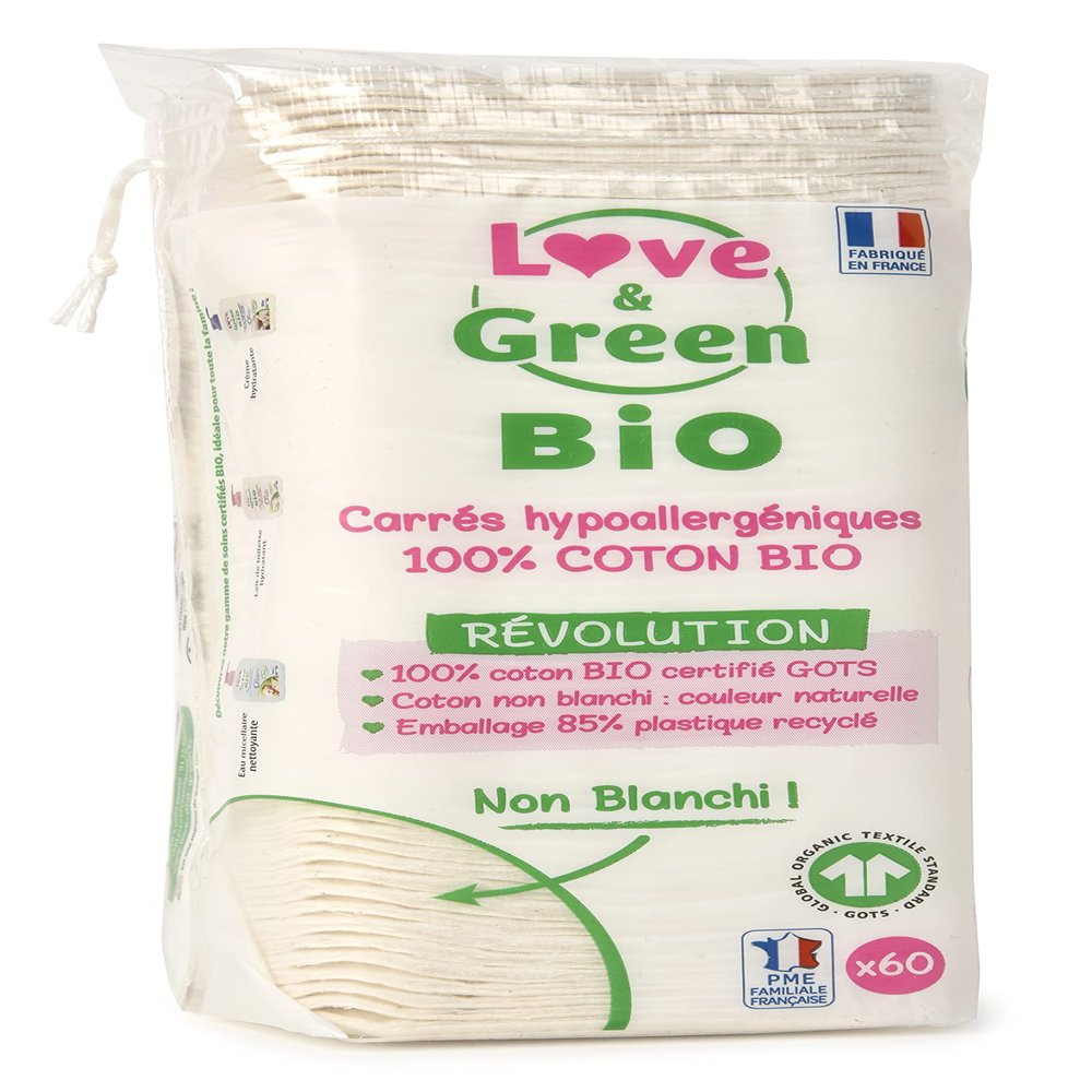 Love & Green Organic Square Cotton Pads 1 Pack with 60 Units