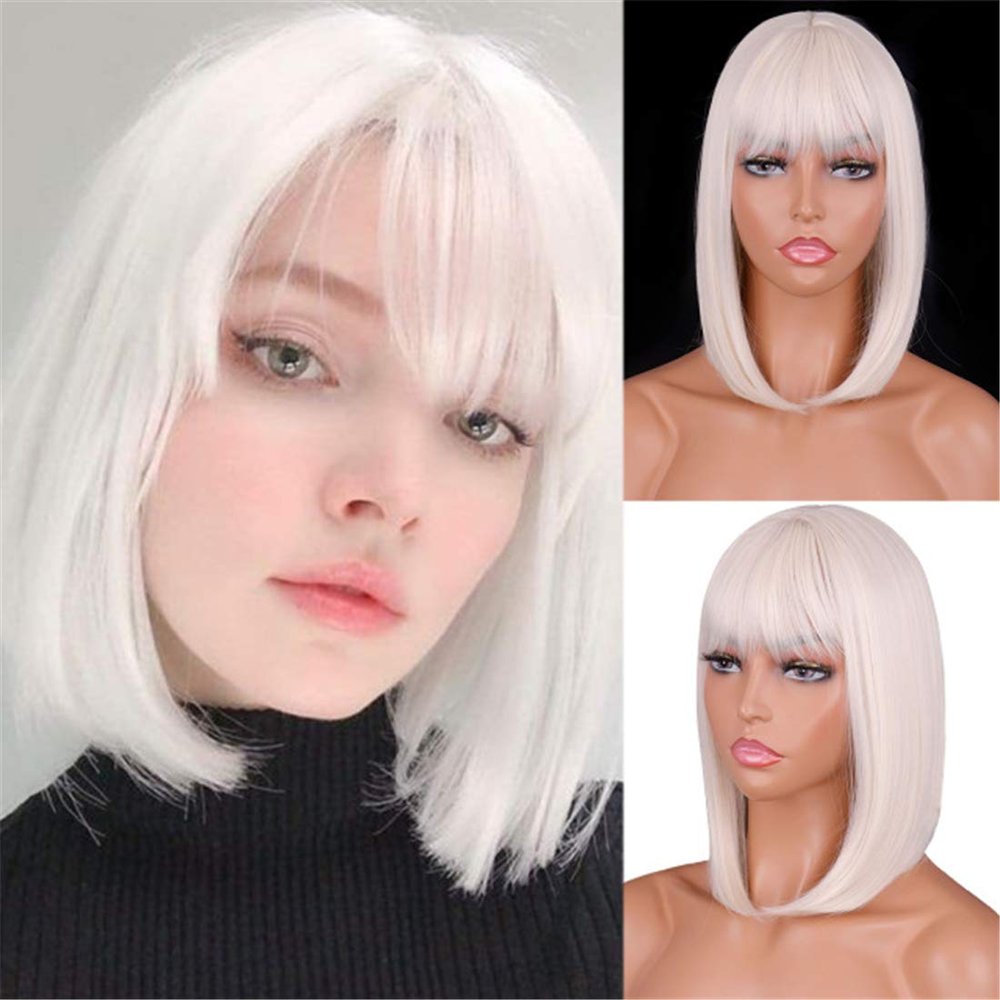 Remanbo 10" Hair Wiglet Toppers with Bangs for Women with Thinning Hair Synthetic Bob Style Hair Topper Wiglet Hairpieces, White