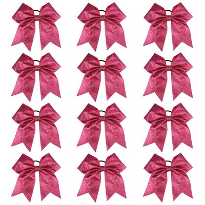 DEEKA 12 PCS 7" Large Glitter Cheer Bows Shiny Cheer Hair Bows Ponytail Holder Handmade for Cheerleader Girls Softball Sports -Pink
