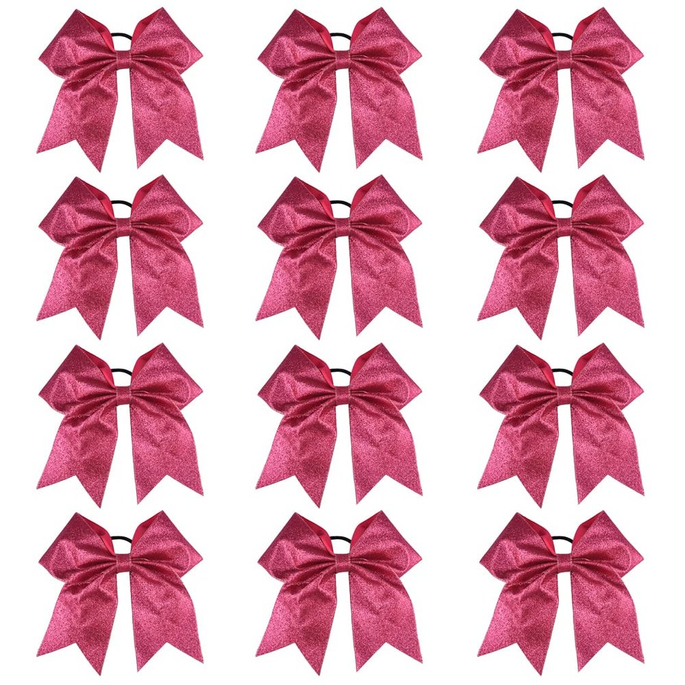 DEEKA 12 PCS 7" Large Glitter Cheer Bows Shiny Cheer Hair Bows Ponytail Holder Handmade for Cheerleader Girls Softball Sports -Pink