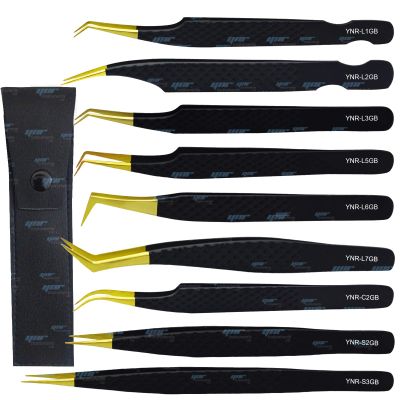 YNR Lash Eyelash Extension Tweezers, Japanese Stainless Steel Tools Straight Curved, Volume Tweezers Precision Angled Gold Tip with Free leather Case (YNR-S2GB)