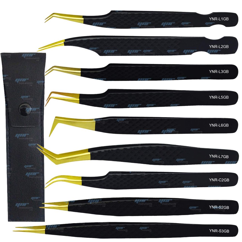 YNR Lash Eyelash Extension Tweezers, Japanese Stainless Steel Tools Straight Curved, Volume Tweezers Precision Angled Gold Tip with Free leather Case (YNR-S2GB)