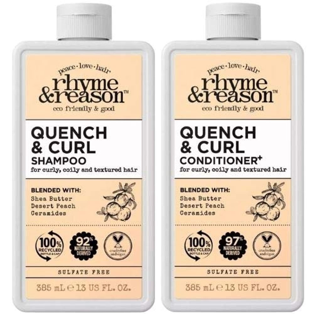 RR Hair Rhyme & Reason Quench and Curl Shampoo Conditioner Set. 13 Fl Oz Bottles. For Curly, Coily, Textured Hair. Blended with Shea Butter, Desert Peach Ceramides. Vegan, Sulfate Cruelty Free.
