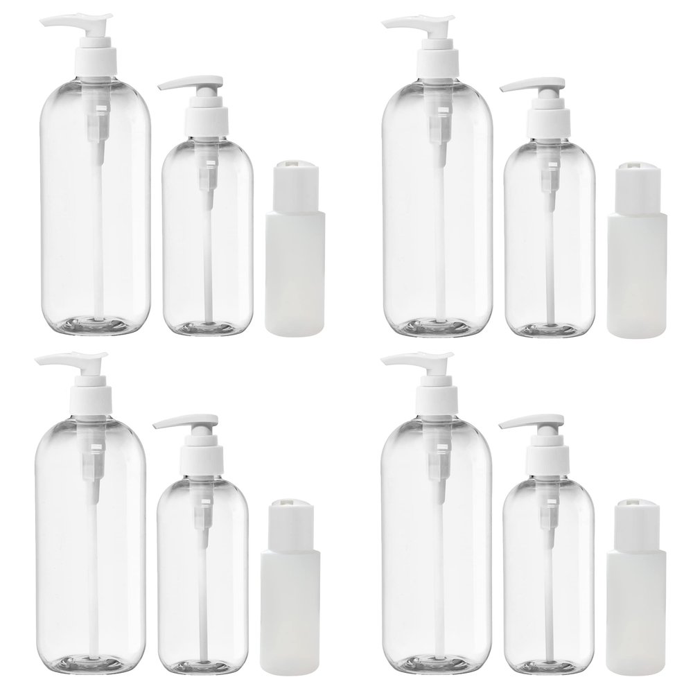 KOALA Clear Empty Refillable Bottles with Leakproof BPA Free Container Fits for Lotion, Shampoo, Conditioner, Cream, Travel Size Hand Sanitizer Refills (16oz, 8oz & 2oz, Pack of 12)