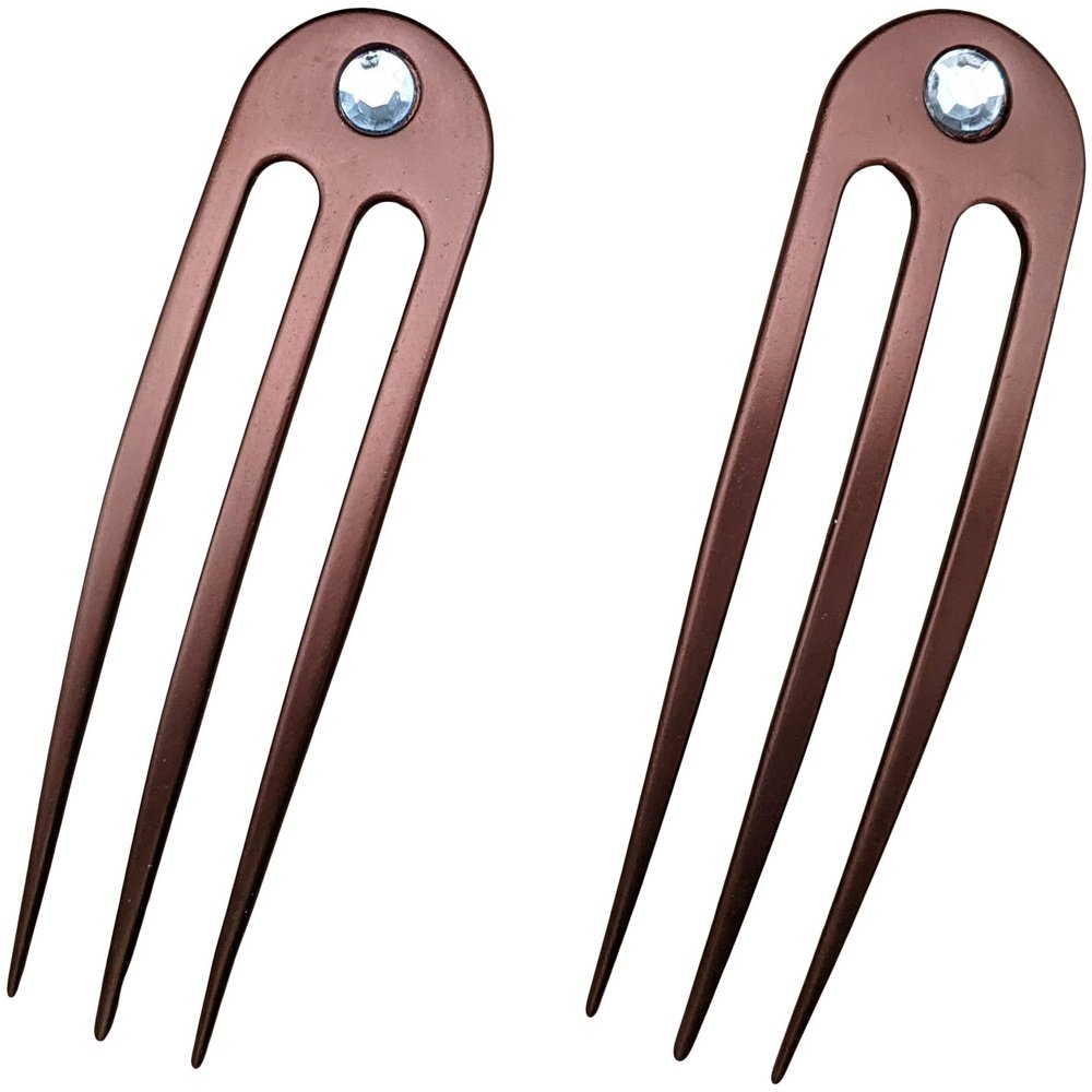 (2) Anodized Aluminum Matte Finished 3 Prong Hair Fork 4.9 inch Curved Unbreakable Waterproof, FPL of 4 inches (Brown)