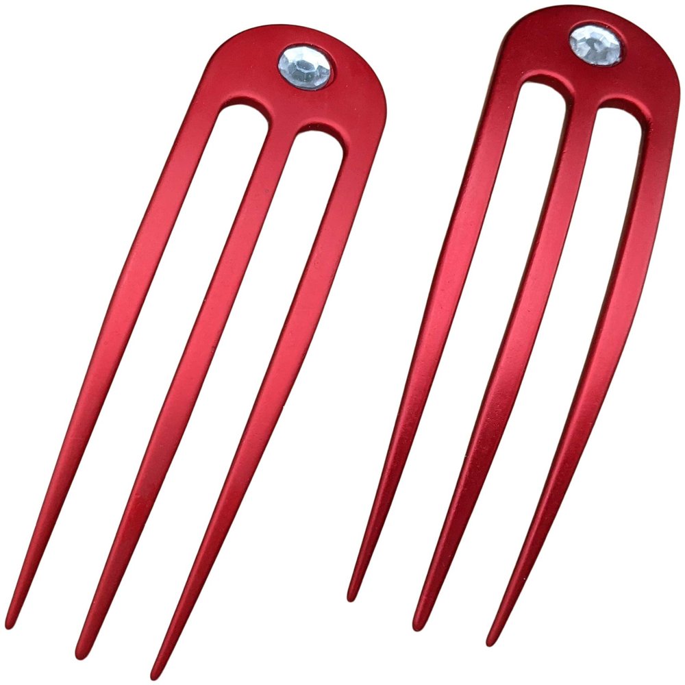 (2) Anodized Aluminum Matte Finished 3 Prong Hair Fork 4.9 inch Curved Unbreakable Waterproof, FPL of 4 inches (Red)